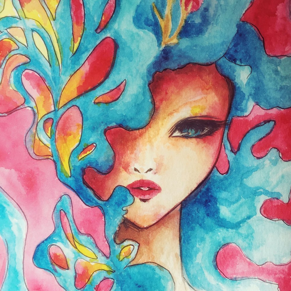 Ilustrasi cat air wajah perempuan dengan rambut warna-warni